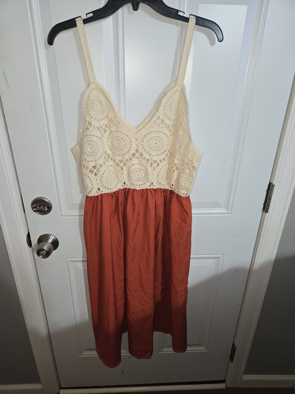 SHEIN Cream Crochet Bodice Rust Orange Midi Dress
